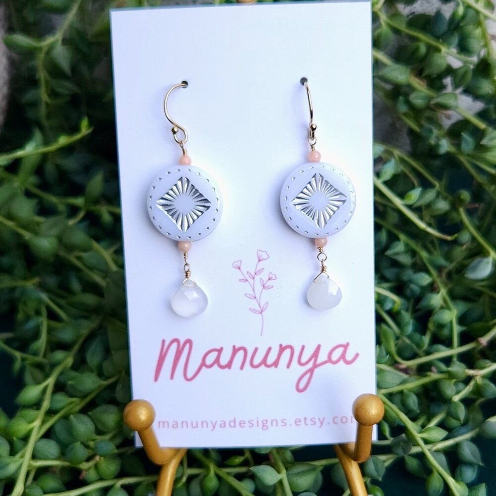 Boho Semi-Precious Stone Dangle Earrings - White, Blue, Purple